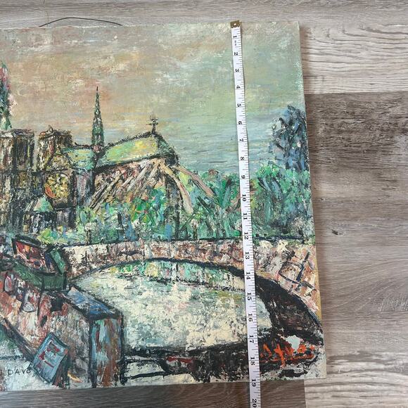 Vintage Oil Painting Signed J.D’Avo Paris Street Scene River Bridge 25x19 Canvas - Picture 11 of 11